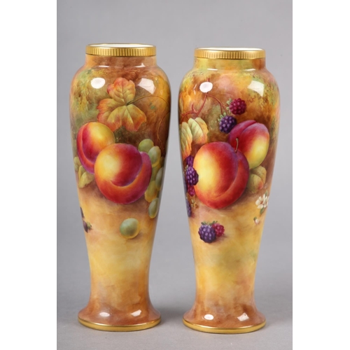 233 - A PAIR OF ROYAL WORCESTER PORCELAIN VASES BY HORACE H PRICE, painted with peaches, grapes and cherri... 