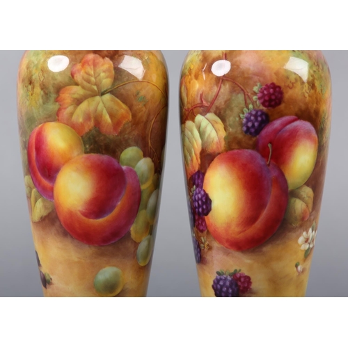 233 - A PAIR OF ROYAL WORCESTER PORCELAIN VASES BY HORACE H PRICE, painted with peaches, grapes and cherri... 