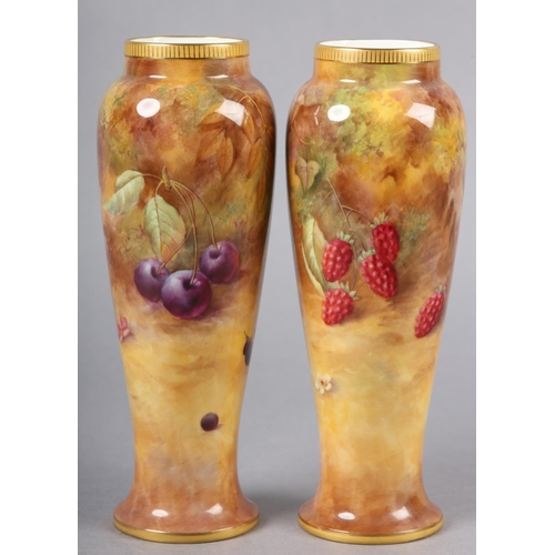 233 - A PAIR OF ROYAL WORCESTER PORCELAIN VASES BY HORACE H PRICE, painted with peaches, grapes and cherri... 