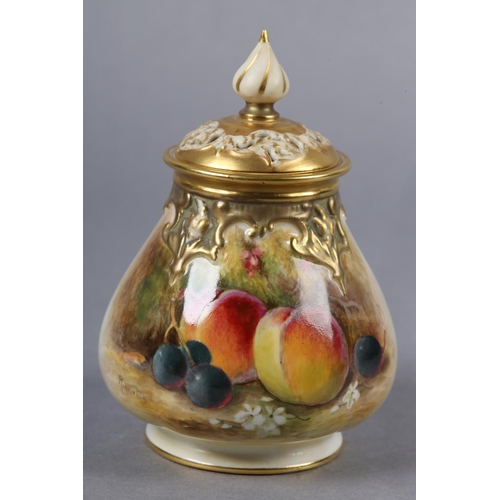 235 - A ROYAL WORCESTER PORCELAIN POT POURRI VASE AND PIERCED COVER BY WILLIAM RICKETTS, painted with peac... 