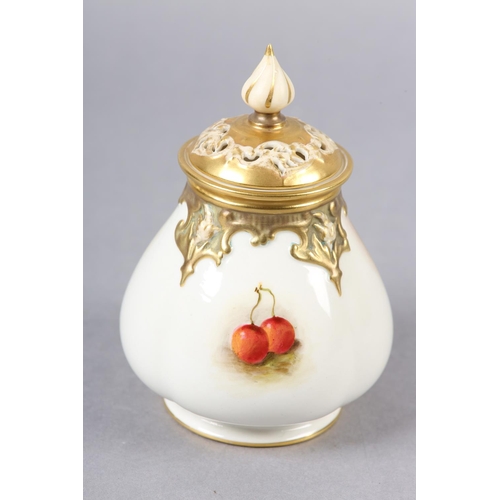 235 - A ROYAL WORCESTER PORCELAIN POT POURRI VASE AND PIERCED COVER BY WILLIAM RICKETTS, painted with peac... 