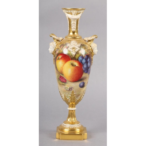 236 - A ROYAL WORCESTER PORCELAIN TWO-HANDLED VASE BY RICHARD SEBRIGHT, painted with apples, grapes and be... 