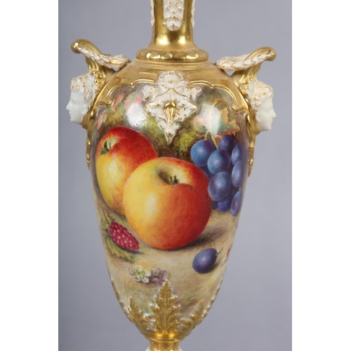 236 - A ROYAL WORCESTER PORCELAIN TWO-HANDLED VASE BY RICHARD SEBRIGHT, painted with apples, grapes and be... 