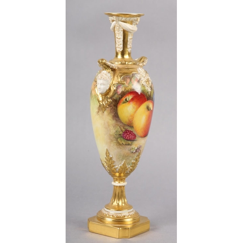 236 - A ROYAL WORCESTER PORCELAIN TWO-HANDLED VASE BY RICHARD SEBRIGHT, painted with apples, grapes and be... 