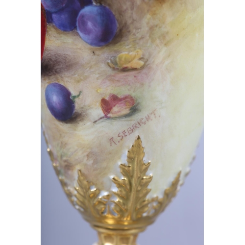 236 - A ROYAL WORCESTER PORCELAIN TWO-HANDLED VASE BY RICHARD SEBRIGHT, painted with apples, grapes and be... 