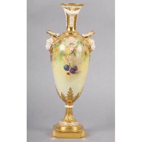 236 - A ROYAL WORCESTER PORCELAIN TWO-HANDLED VASE BY RICHARD SEBRIGHT, painted with apples, grapes and be... 