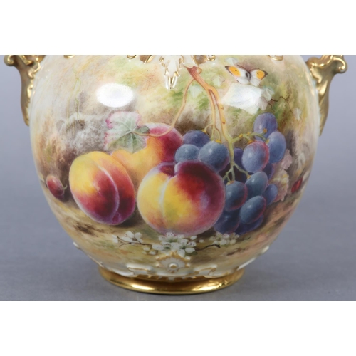 237 - A ROYAL WORCESTER PORCELAIN TWO-HANDLED VASE AND COVER BY WILLIAM RICKETTS, painted with peaches, gr... 