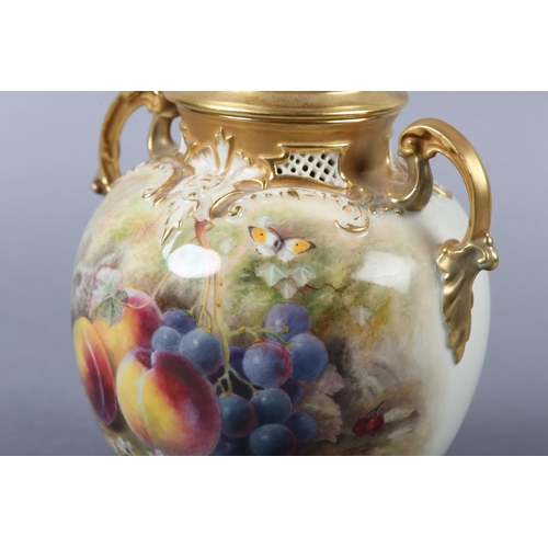 237 - A ROYAL WORCESTER PORCELAIN TWO-HANDLED VASE AND COVER BY WILLIAM RICKETTS, painted with peaches, gr... 