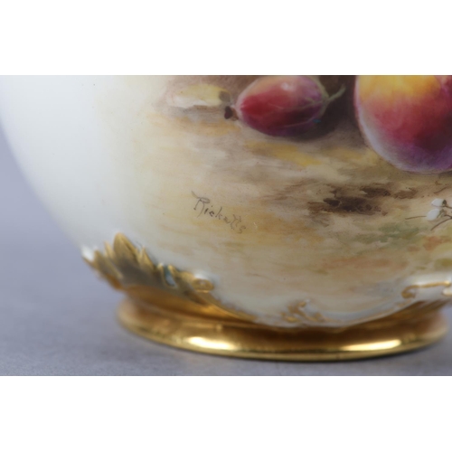 237 - A ROYAL WORCESTER PORCELAIN TWO-HANDLED VASE AND COVER BY WILLIAM RICKETTS, painted with peaches, gr... 