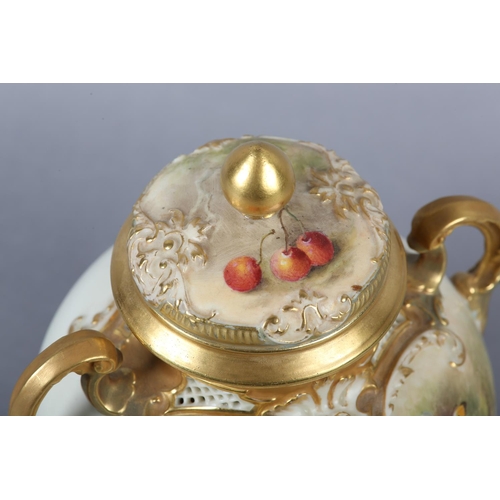 237 - A ROYAL WORCESTER PORCELAIN TWO-HANDLED VASE AND COVER BY WILLIAM RICKETTS, painted with peaches, gr... 