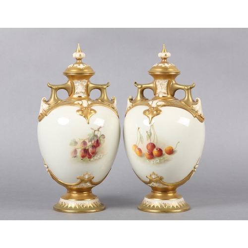 238 - A PAIR OF ROYAL WORCESTER PORCELAIN TWO-HANDLED VASES AND COVERS BY WILLIAM RICKETTS, the ovoid body... 