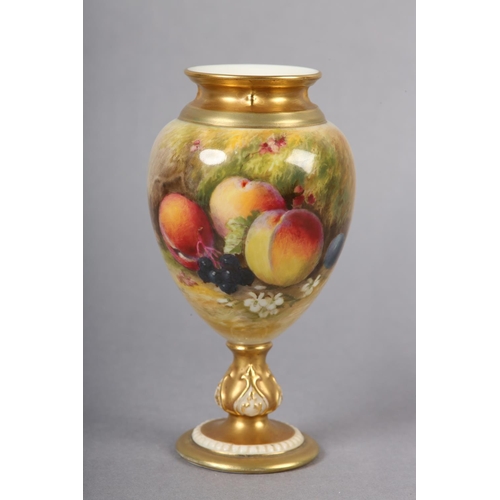 241 - A ROYAL WORCESTER PORCELAIN PEDESTAL VASE BY WILLIAM RICKETTS, painted with peaches, blueberries and... 