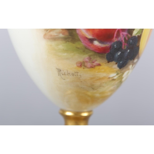 241 - A ROYAL WORCESTER PORCELAIN PEDESTAL VASE BY WILLIAM RICKETTS, painted with peaches, blueberries and... 