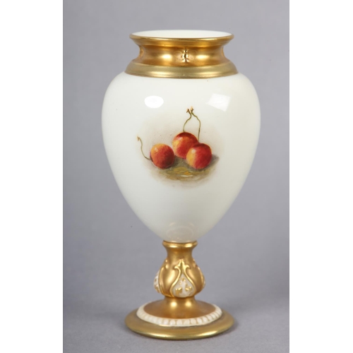 241 - A ROYAL WORCESTER PORCELAIN PEDESTAL VASE BY WILLIAM RICKETTS, painted with peaches, blueberries and... 