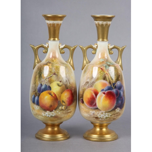 242 - A PAIR OF ROYAL WORCESTER PORCELAIN TWO-HANDLED VASES BY WILLIAM RICKETTS, the ovoid body painted wi... 