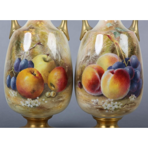 242 - A PAIR OF ROYAL WORCESTER PORCELAIN TWO-HANDLED VASES BY WILLIAM RICKETTS, the ovoid body painted wi... 