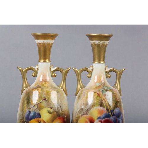 242 - A PAIR OF ROYAL WORCESTER PORCELAIN TWO-HANDLED VASES BY WILLIAM RICKETTS, the ovoid body painted wi... 