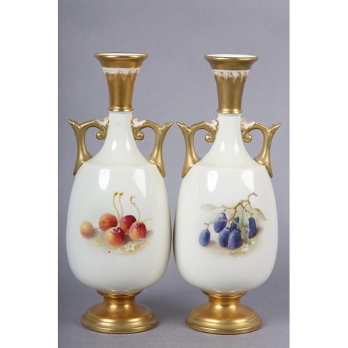 242 - A PAIR OF ROYAL WORCESTER PORCELAIN TWO-HANDLED VASES BY WILLIAM RICKETTS, the ovoid body painted wi... 