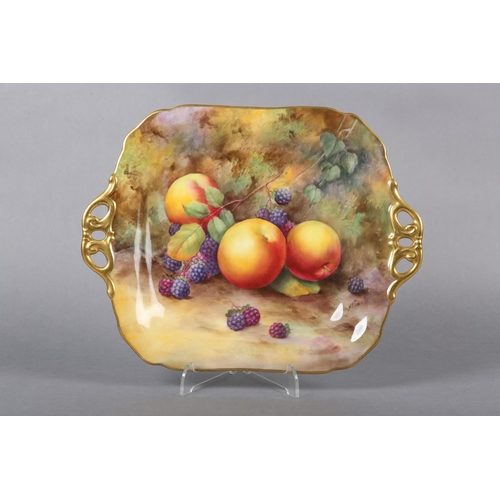 243 - A ROYAL WORCESTER PORCELAIN TWO-HANDLED SQUARE DISH BY HORACE PRICE, painted with apples and blackbe... 