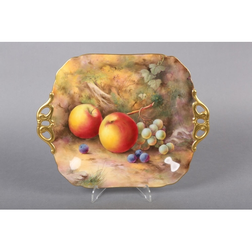 244 - A ROYAL WORCESTER PORCELAIN TWO-HANDLED SQUARE DISH BY HORACE PRICE, painted with apples and grapes ... 