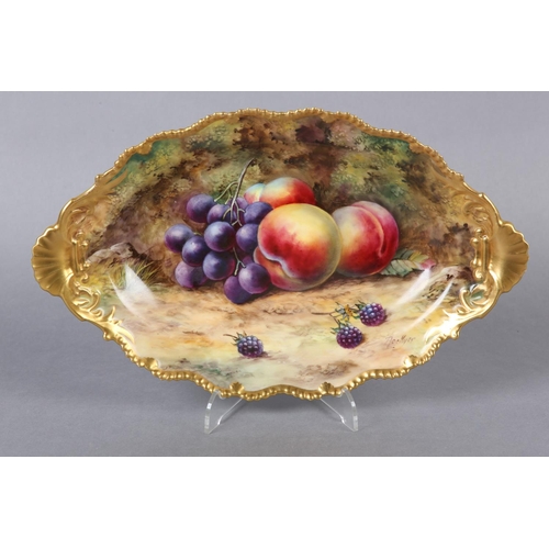 251 - A ROYAL WORCESTER PORCELAIN DISH BY THOMAS LOCKYER, of oval form, painted with peaches, grapes and b... 