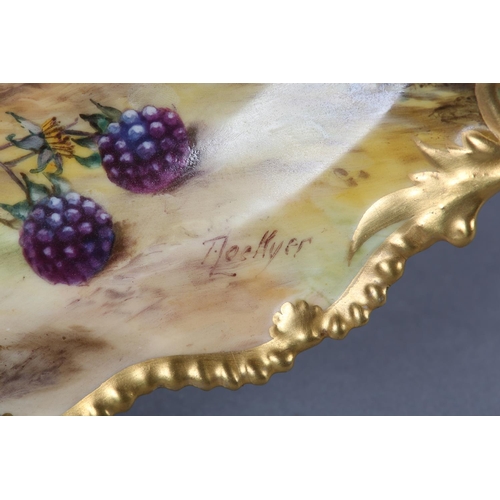 251 - A ROYAL WORCESTER PORCELAIN DISH BY THOMAS LOCKYER, of oval form, painted with peaches, grapes and b... 