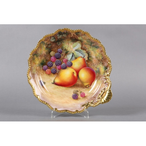 253 - A ROYAL WORCESTER PORCELAIN SINGLE-HANDLED DISH BY HARRY AYRTON, of circular form painted with pears... 