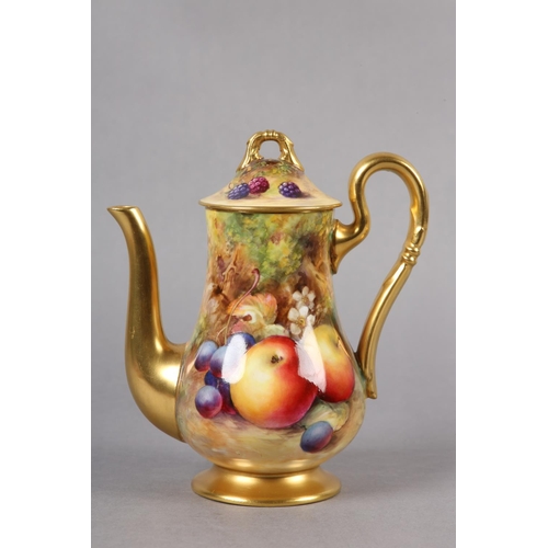 249 - A ROYAL WORCESTER PORCELAIN COFFEE POT BY WILLIAM J BAGNALL, the domed cover and body painted with a... 