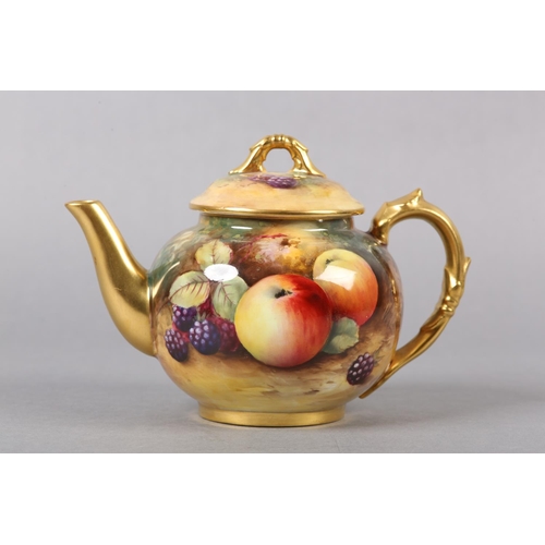 250 - A ROYAL WORCESTER PORCELAIN TEA POT BY GEORGE MOSELEY, the lid and body painted with apples and blac... 