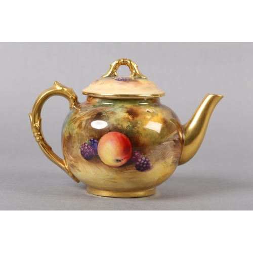 250 - A ROYAL WORCESTER PORCELAIN TEA POT BY GEORGE MOSELEY, the lid and body painted with apples and blac... 