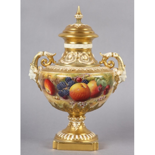 257 - A ROYAL WORCESTER PORCELAIN TWO-HANDLED PEDESTAL VASE AND DOMED COVER BY WILLIAM RICKETTS, the compr... 