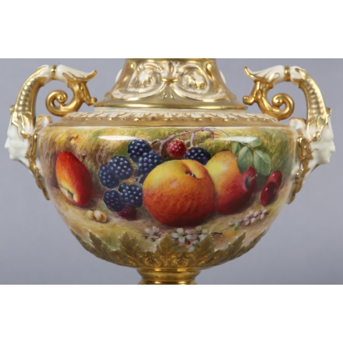 257 - A ROYAL WORCESTER PORCELAIN TWO-HANDLED PEDESTAL VASE AND DOMED COVER BY WILLIAM RICKETTS, the compr... 