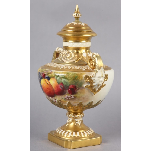 257 - A ROYAL WORCESTER PORCELAIN TWO-HANDLED PEDESTAL VASE AND DOMED COVER BY WILLIAM RICKETTS, the compr... 