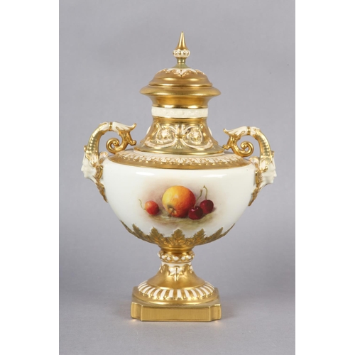 257 - A ROYAL WORCESTER PORCELAIN TWO-HANDLED PEDESTAL VASE AND DOMED COVER BY WILLIAM RICKETTS, the compr... 