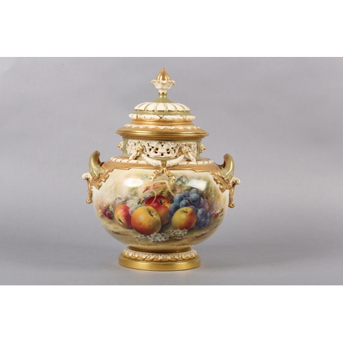 258 - A ROYAL WORCESTER PORCELAIN TWO-HANDLED VASE AND DOMED COVER BY WILLIAM RICKETTS, the pierced neck h...