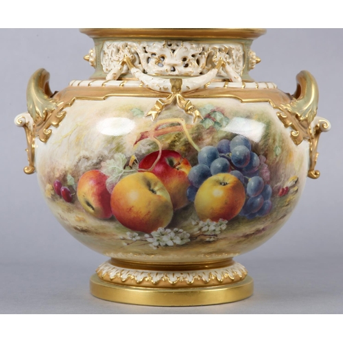 258 - A ROYAL WORCESTER PORCELAIN TWO-HANDLED VASE AND DOMED COVER BY WILLIAM RICKETTS, the pierced neck h... 