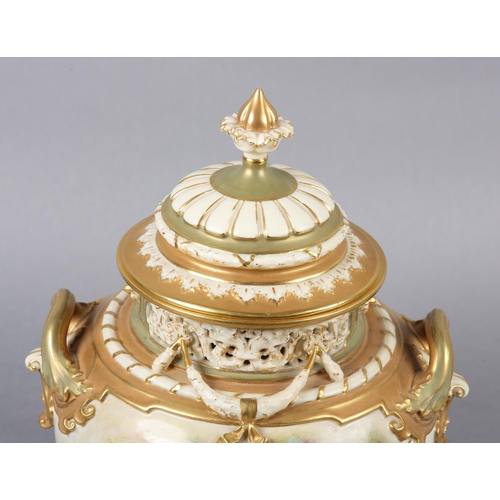 258 - A ROYAL WORCESTER PORCELAIN TWO-HANDLED VASE AND DOMED COVER BY WILLIAM RICKETTS, the pierced neck h... 