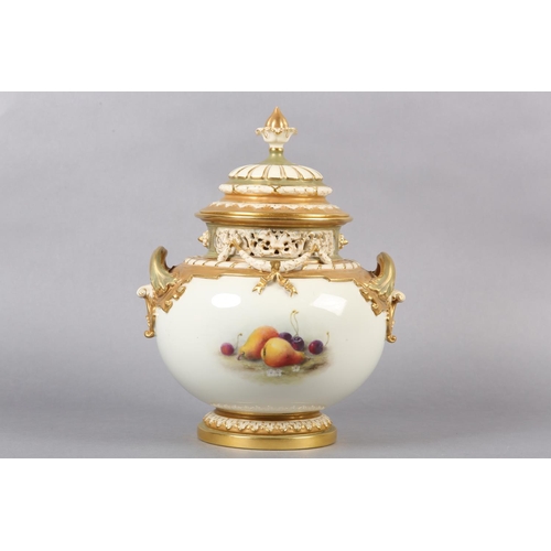 258 - A ROYAL WORCESTER PORCELAIN TWO-HANDLED VASE AND DOMED COVER BY WILLIAM RICKETTS, the pierced neck h... 