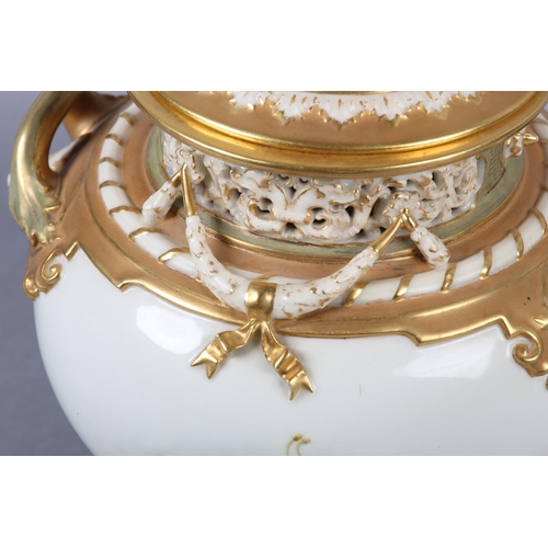 258 - A ROYAL WORCESTER PORCELAIN TWO-HANDLED VASE AND DOMED COVER BY WILLIAM RICKETTS, the pierced neck h... 