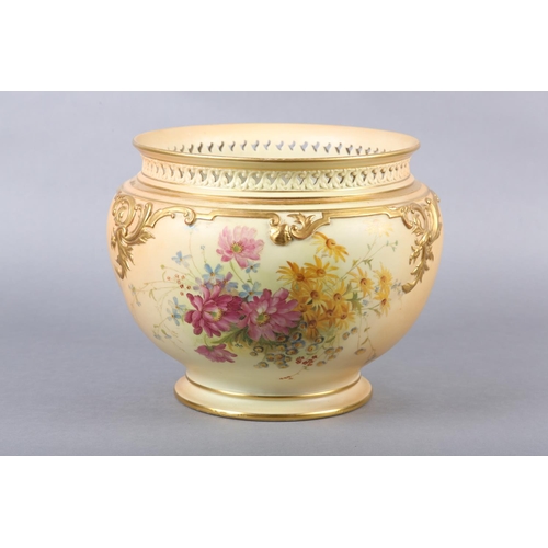 259 - A ROYAL WORCESTER BLUSH IVORY JARDINIERE having a pierced rim, moulded to the shoulder in relief, th... 