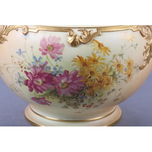 259 - A ROYAL WORCESTER BLUSH IVORY JARDINIERE having a pierced rim, moulded to the shoulder in relief, th... 