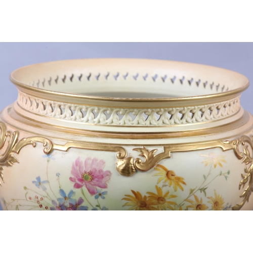 259 - A ROYAL WORCESTER BLUSH IVORY JARDINIERE having a pierced rim, moulded to the shoulder in relief, th... 