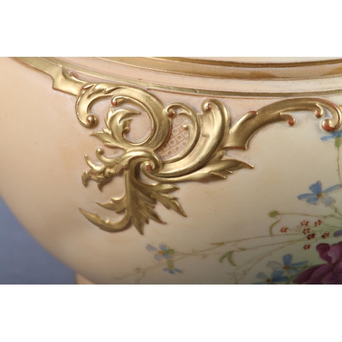 259 - A ROYAL WORCESTER BLUSH IVORY JARDINIERE having a pierced rim, moulded to the shoulder in relief, th... 