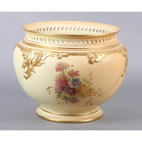 259 - A ROYAL WORCESTER BLUSH IVORY JARDINIERE having a pierced rim, moulded to the shoulder in relief, th... 