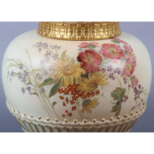 260 - A ROYAL WORCESTER BLUSH IVORY POT POURRI VASE AND COVER of ovoid form with inner cover, the body han... 