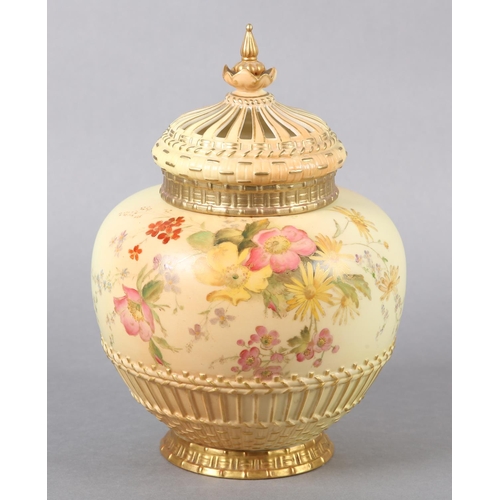 261 - A ROYAL WORCESTER BLUSH IVORY POT POURRI VASE AND COVER of ovoid form with inner cover, the body han... 