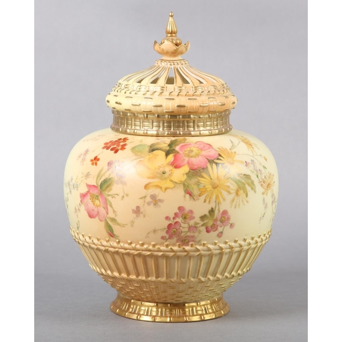 261 - A ROYAL WORCESTER BLUSH IVORY POT POURRI VASE AND COVER of ovoid form with inner cover, the body han... 