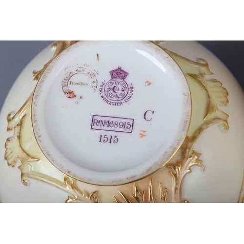 262 - A ROYAL WORCESTER BLUSH IVORY VASE and cover, having twin moulded handles, the ovoid body enamelled ... 