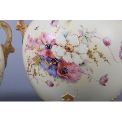 262 - A ROYAL WORCESTER BLUSH IVORY VASE and cover, having twin moulded handles, the ovoid body enamelled ... 