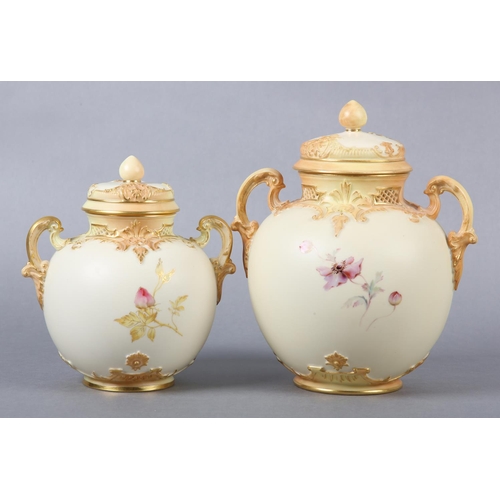 262 - A ROYAL WORCESTER BLUSH IVORY VASE and cover, having twin moulded handles, the ovoid body enamelled ... 